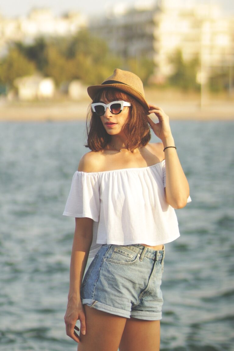 female, girl, woman, fashion, portrait, outfit, style, hat, sunglasses, strapless blouse, denim shorts, model, modelling, posing, denim shorts, denim shorts, denim shorts, denim shorts, denim shorts