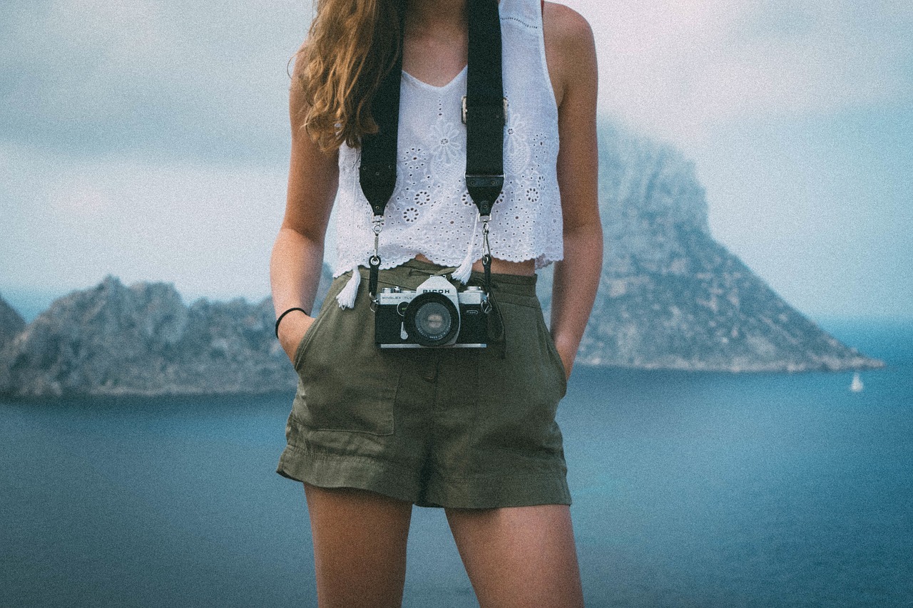 girl, woman, photographer, camera, lens, shorts, tank top, blue camera, shorts, shorts, shorts, shorts, shorts, tank top, tank top, tank top, tank top